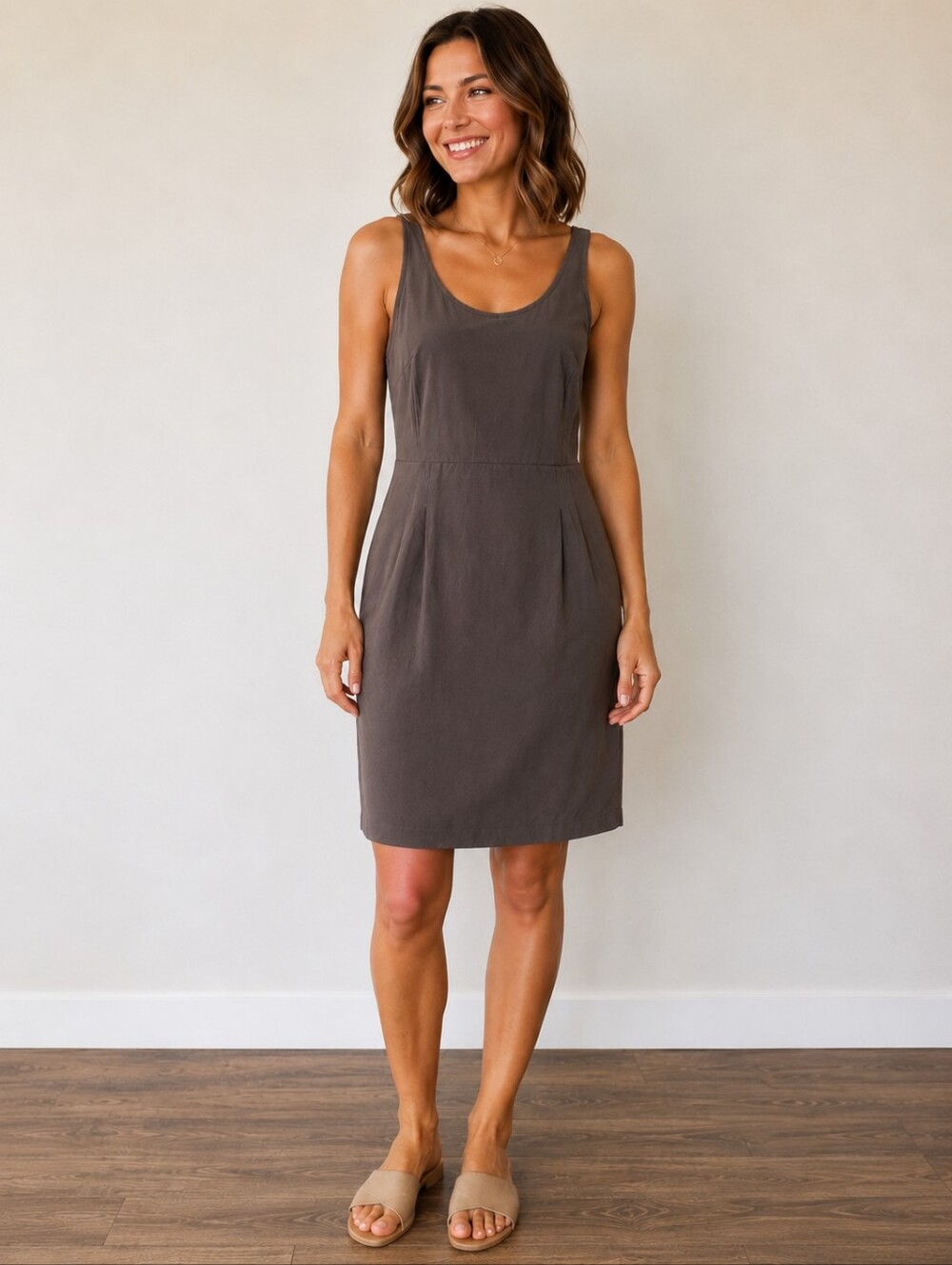 ❤️ EILEEN FISHER STRETCH CREPE CAMI STRAP DRESS, GRAY, MEDIUM